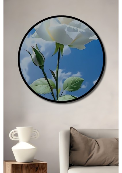 Beyaz Gül Tablosu Sulu Boya Görünümlü Yuvarlak Tablo fiyatları