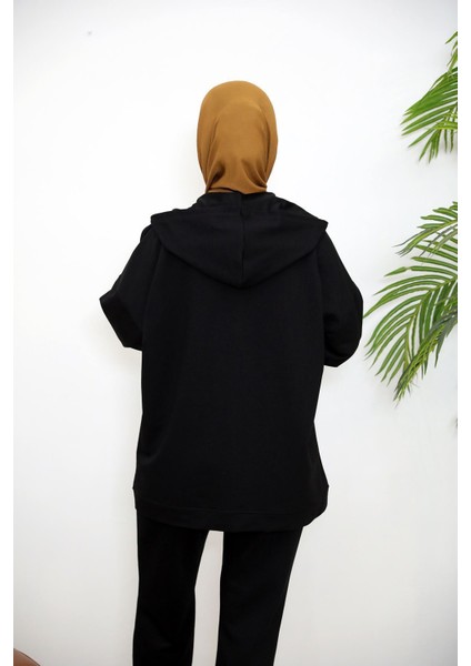 Kapşonlu Fermuar Detay Hırka-Siyah modelleri