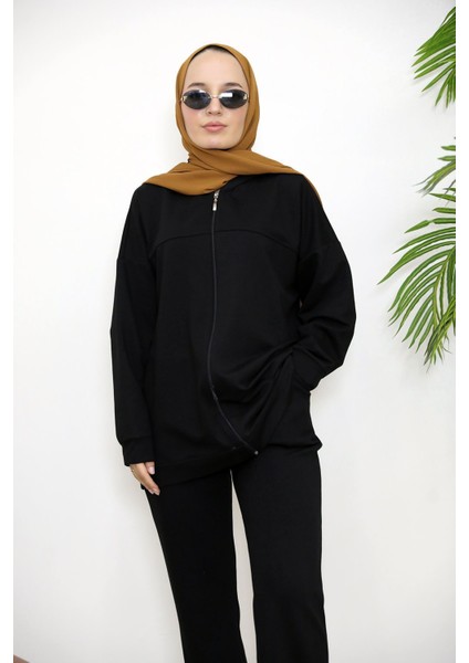 Kapşonlu Fermuar Detay Hırka-Siyah fırsatları