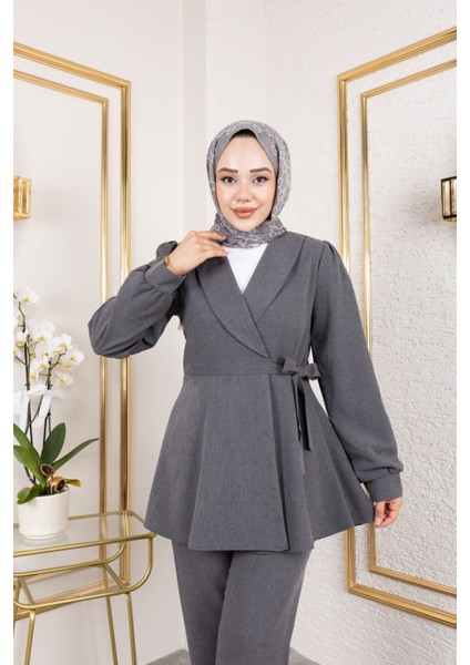Kuşak Detay Ceketli Poliviskon Takım-Antrasit