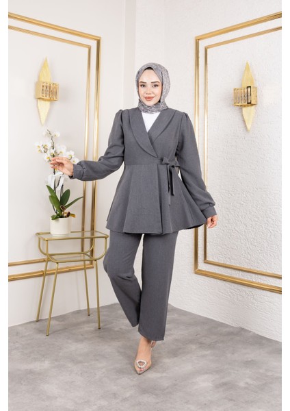 Kuşak Detay Ceketli Poliviskon Takım-Antrasit fiyatları