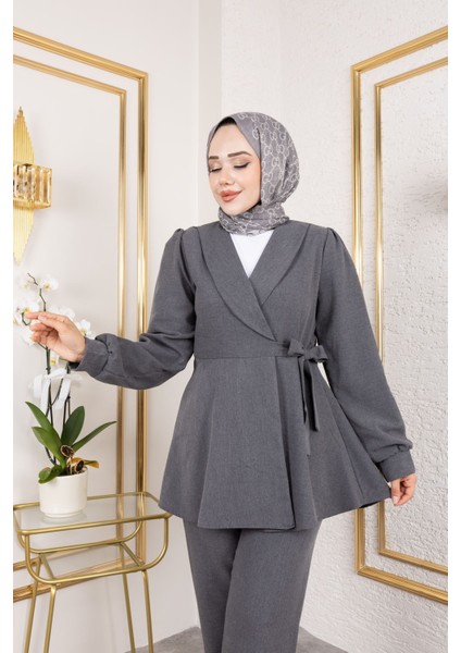 Kuşak Detay Ceketli Poliviskon Takım-Antrasit modelleri