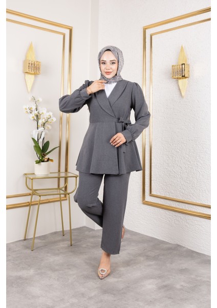 Kuşak Detay Ceketli Poliviskon Takım-Antrasit fırsatları