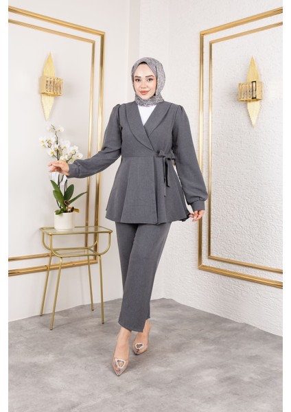 Kuşak Detay Ceketli Poliviskon Takım-Antrasit indirimleri