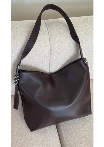 Büyük Boy Acı Kahve Renk Toka Ayarlanabilir Halka Askı Tote Kadın El ve Omuz Çantasi