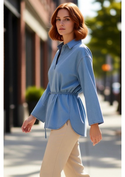 Kadın Bol Kesim Denim Gömlek Bağlama Detaylı Şehir Yaşamına Uygun Konforlu ve Modern Stil Şık indirimleri