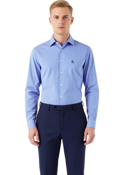 Erkek Çizgili Uzun Kollu Gömlek Fitted Kalıp Dokuma Kumaş Iş ve Günlük Şıklık Sunan Tasarım