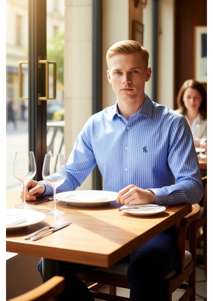 Erkek Çizgili Uzun Kollu Gömlek Fitted Kalıp Dokuma Kumaş Iş ve Günlük Şıklık Sunan Tasarım modelleri