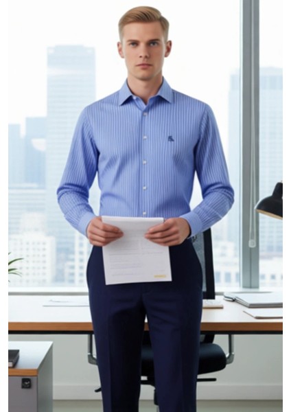 Erkek Çizgili Uzun Kollu Gömlek Fitted Kalıp Dokuma Kumaş Iş ve Günlük Şıklık Sunan Tasarım fırsatları