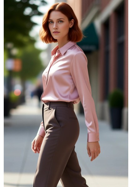 Kadın Dokuma Saten Gömlek Regular Kalıp Uzun Kollu Şık ve Konforlu Günlük Kullanım Sunar Spor indirimleri