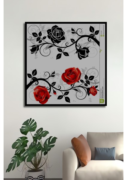 Kırmızı ve Siyah Gül Desenli Yağlı Boya Görünümlü Dekoratif Ahşap Tablo Dikdörtgen Tablo fiyatları