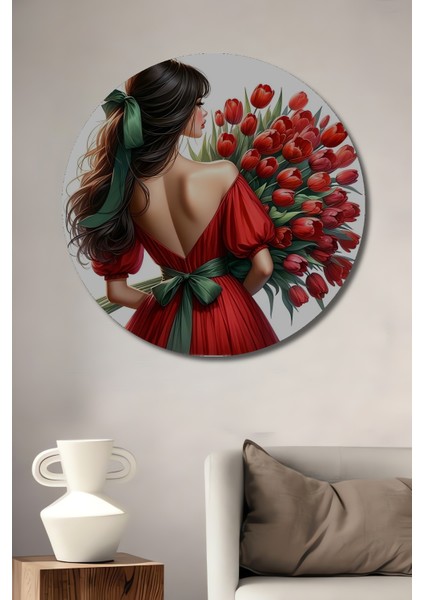 Gülümseyen Güzel Kadın Kırmızı Elbise Lale Demeti Ahşap Dekoratif Tablo Yuvarlak Tablo
