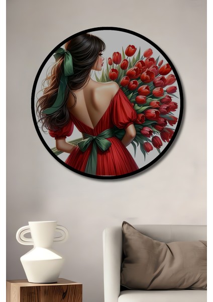 Gülümseyen Güzel Kadın Kırmızı Elbise Lale Demeti Ahşap Dekoratif Tablo Yuvarlak Tablo fiyatları