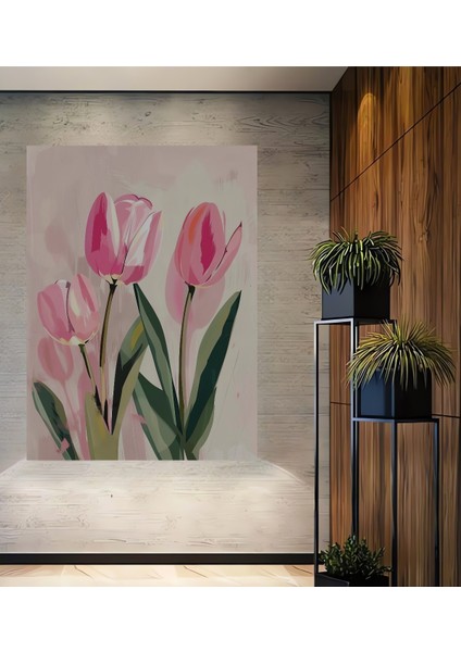 Pembe Lale Baharı Yağlı Boya Görünümlü Ahşap Dekoratif Tablo Dikdörtgen Tablo