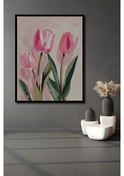 Pembe Lale Baharı Yağlı Boya Görünümlü Ahşap Dekoratif Tablo Dikdörtgen Tablo fiyatları