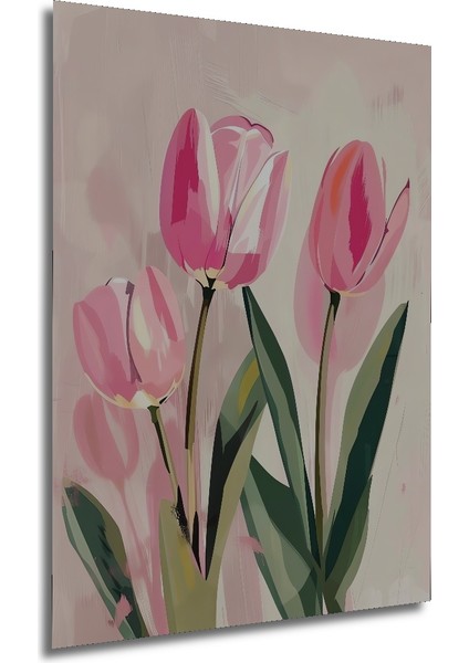 Pembe Lale Baharı Yağlı Boya Görünümlü Ahşap Dekoratif Tablo Dikdörtgen Tablo fırsatları