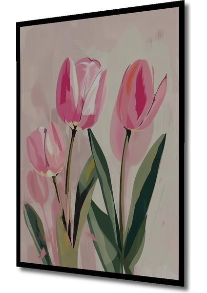Pembe Lale Baharı Yağlı Boya Görünümlü Ahşap Dekoratif Tablo Dikdörtgen Tablo indirimleri