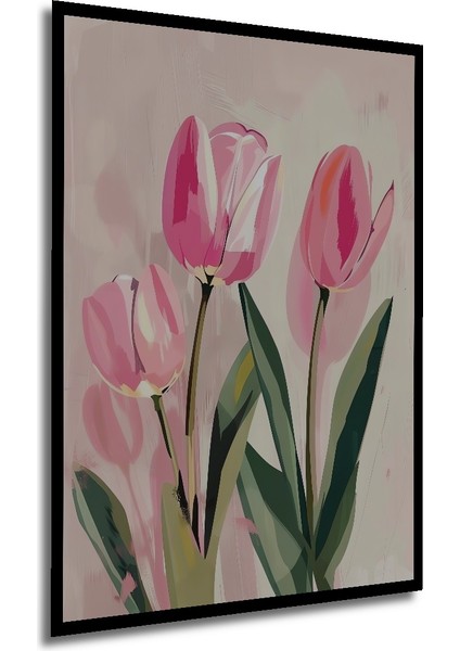 Pembe Lale Baharı Yağlı Boya Görünümlü Ahşap Dekoratif Tablo Dikdörtgen Tablo