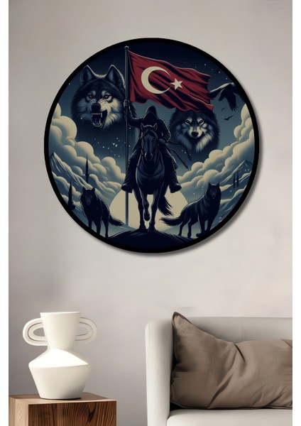 Ahşap Dekoratif Tablo Boz Kurtlar Türk Bayrağı Yağlı Boya Görünümlü Sanat Eseri Yuvarlak Tablo fiyatları