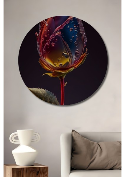 Büyüleyici Kristal Gül Yağlı Boya Görünümlü Modern Sanat Ahşap Dekoratif Tablo Yuvarlak Tablo