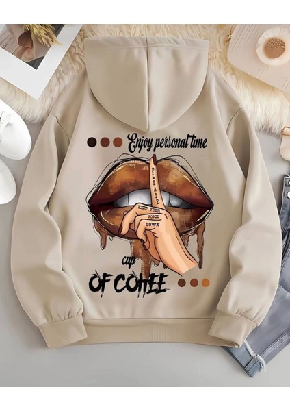 Punıx Büyük Beden Özel Tasarım Kapüşonlu Enjoy Tıme Sırt Baskılı %100 Pamuk Oversize Kadın Sweatshırt