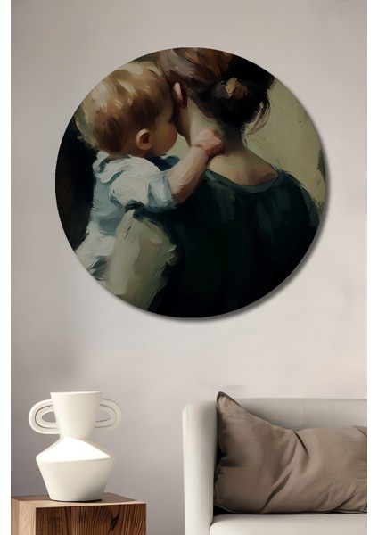 Anne ve Bebek Yağlı Boya Görünümlü Ahşap Dekoratif Tablo Yuvarlak Tablo