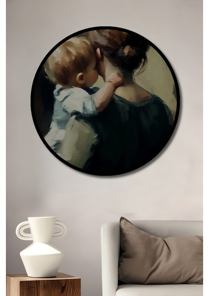 Anne ve Bebek Yağlı Boya Görünümlü Ahşap Dekoratif Tablo Yuvarlak Tablo fiyatları