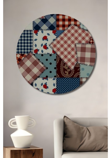 Gül Desenli Kareli Patchwork Ahşap Tablo Yuvarlak Tablo