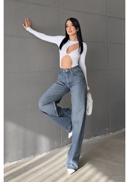 Geniş Paça Yüksek Bel Kadın Skater Jean Pantolon - Mavi Mavi - 27 fiyatları