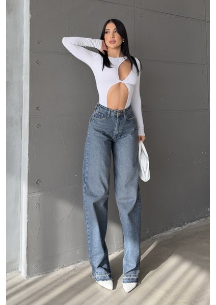 Geniş Paça Yüksek Bel Kadın Skater Jean Pantolon - Mavi Mavi - 27 indirimleri