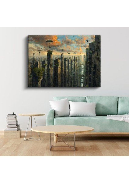 Dikey Metropolis - Gökyüzünde Süzülen Şemsiyeler Kanvas Tablo