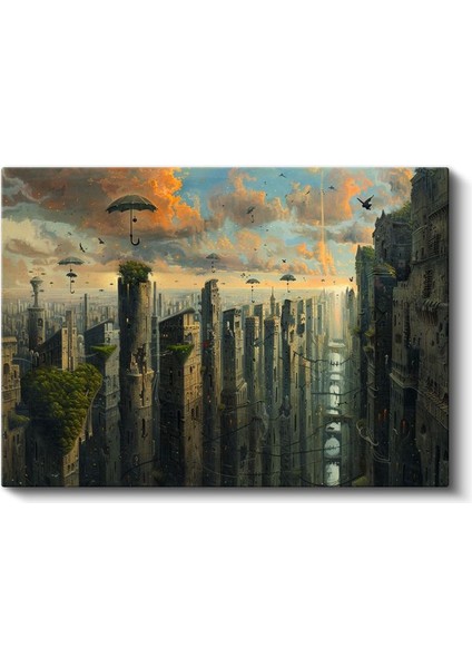 Dikey Metropolis - Gökyüzünde Süzülen Şemsiyeler Kanvas Tablo fiyatları