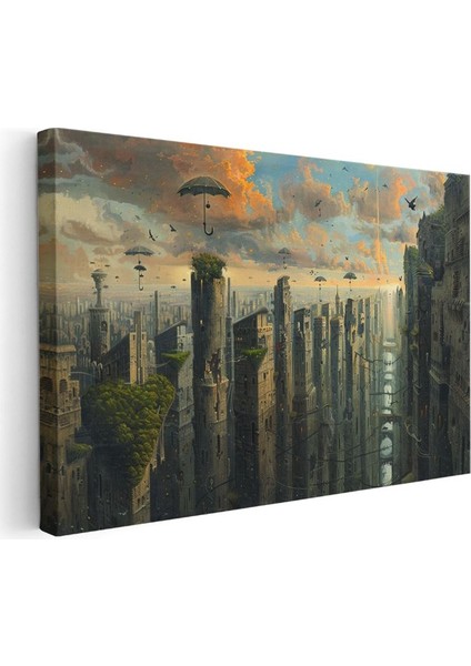 Dikey Metropolis - Gökyüzünde Süzülen Şemsiyeler Kanvas Tablo modelleri