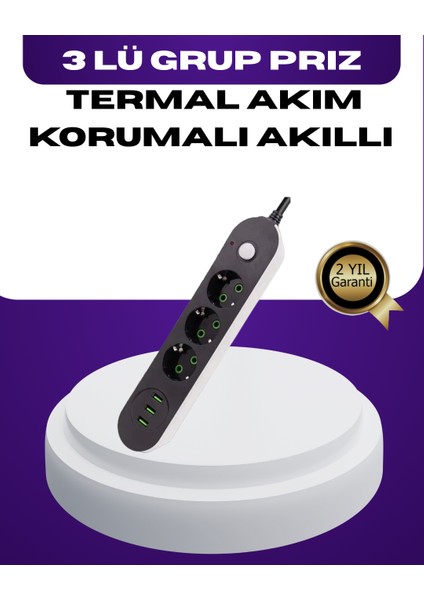 USB Yuvalı Anahtarlı Üçlü Priz 2 Metre Kablolu