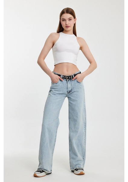 Geniş Paça Düşük Bel Kadın Jean Pantolon - Denim Denim - 26