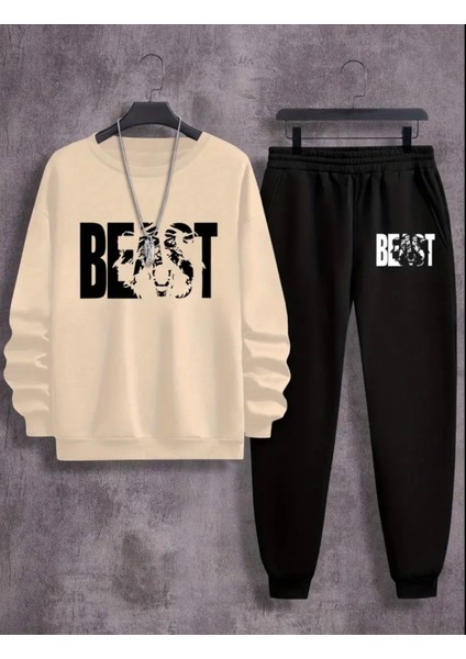 Punıx Büyük Beden Özel Seri Yuvarlak Yaka Beast Baskılı %100 Pamuk Kışlık Erkek Eşofman Takımı