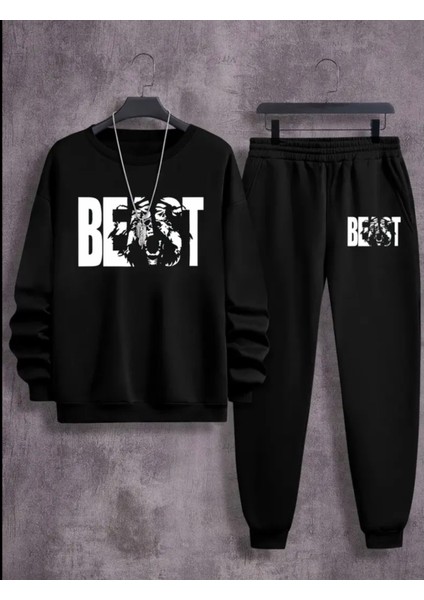 Punıx Büyük Beden Özel Seri Yuvarlak Yaka Beast Baskılı %100 Pamuk Kışlık Erkek Eşofman Takımı