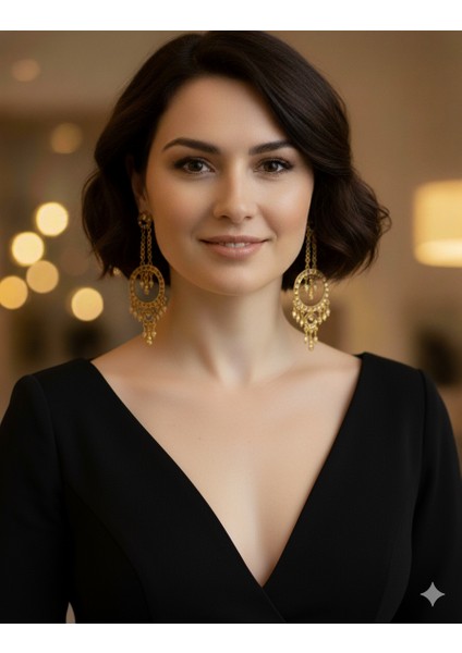 Altın Rengi Halka Taşlı Sarkık Küpe - Kristal Detaylı Avize Model Kadın Takı