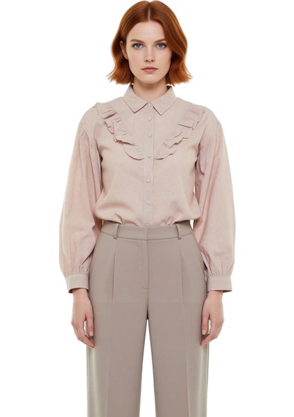 Kadın Fırfır Detaylı Uzun Balon Kollu Dokuma Gömlek Her Mevsim Giyilebilir Şık Tasarım Spor