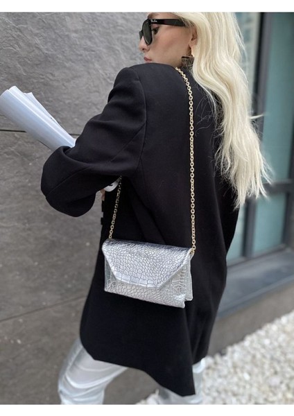 Gümüş Uzun Askılı Krok Clucth Jake Kadın El ve Omuz Çantası