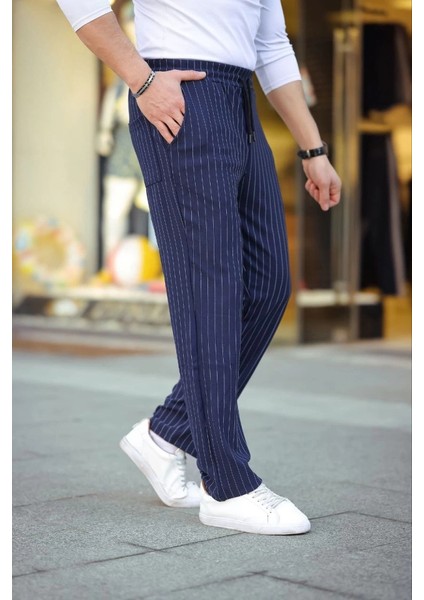 Mdb Erkek Cizgili Dokuma Krep Jogger Buggy Pantalon Rahat Kalıp Acivert modelleri