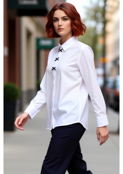 Kadın Büyük Beden Fiyonk Detaylı Uzun Kollu Dokuma Gömlek Günlük ve Şık Kombinler Kaliteli