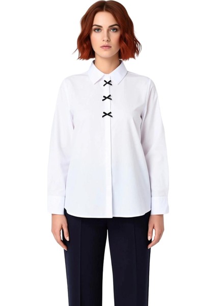 Kadın Büyük Beden Fiyonk Detaylı Uzun Kollu Dokuma Gömlek Günlük ve Şık Kombinler Kaliteli fırsatları