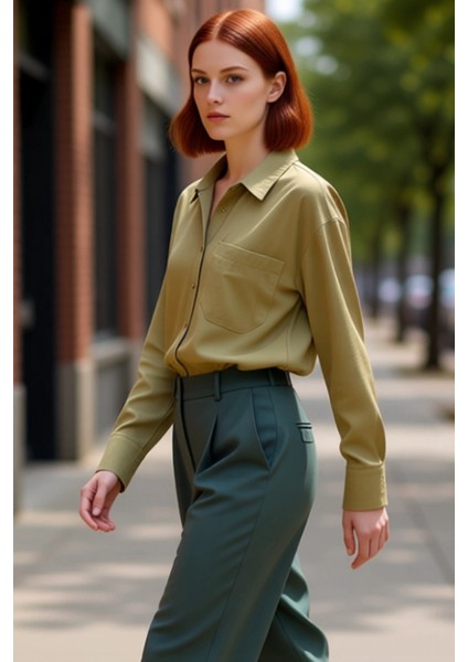 Kadın Haki Modal Gömlek Rahat Kesim Uzun Kollu Fonksiyonel Dayanıklı Kaliteli Konforlu Şık