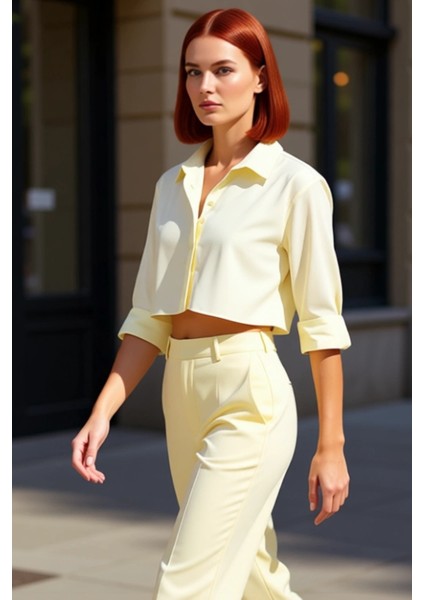 Kadın Crop Gömlek Sırt Dekolteli Keten Görünümlü Fonksiyonel Dayanıklı Kaliteli Konforlu Şık