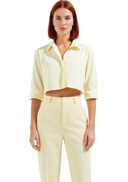 Kadın Crop Gömlek Sırt Dekolteli Keten Görünümlü Fonksiyonel Dayanıklı Kaliteli Konforlu Şık fırsatları