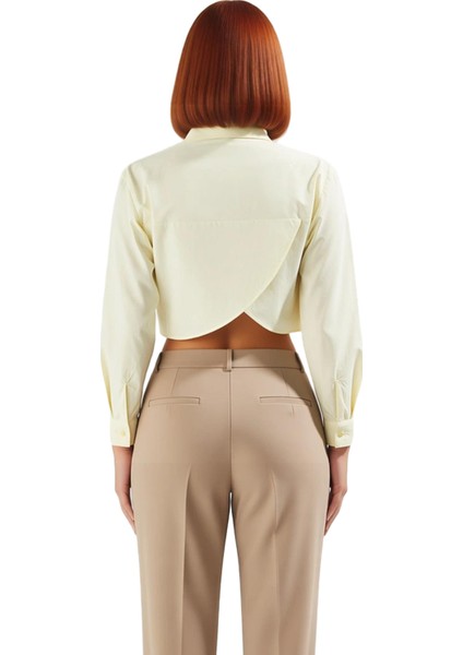 Kadın Crop Gömlek Sırt Dekolteli Keten Görünümlü Fonksiyonel Dayanıklı Kaliteli Konforlu Şık indirimleri