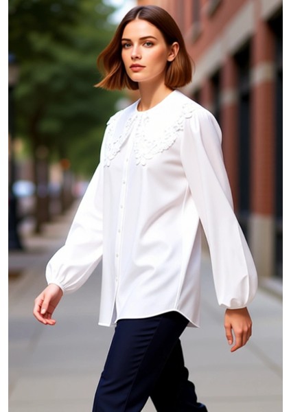 Kadın Dantel Yakalı Hacimli Uzun Kollu Dokuma Gömlek Zamansız Zarafet ve Stil Fonksiyonel Şık indirimleri