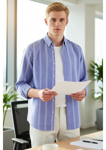Erkek Çizgili Düğmeli Yaka Slim Fit Gömlek Modern Görünüm Günlük Konfor Şıklık Fonksiyonel fırsatları