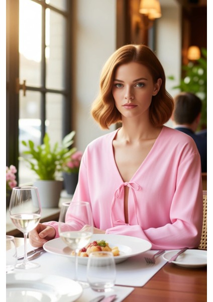 Kareli Bağlamalı Kadın Bluz V Yaka Balon Kol Detaylı Kısa Kesim Dokuma Üst Giyim Günlük Şıklık fiyatları